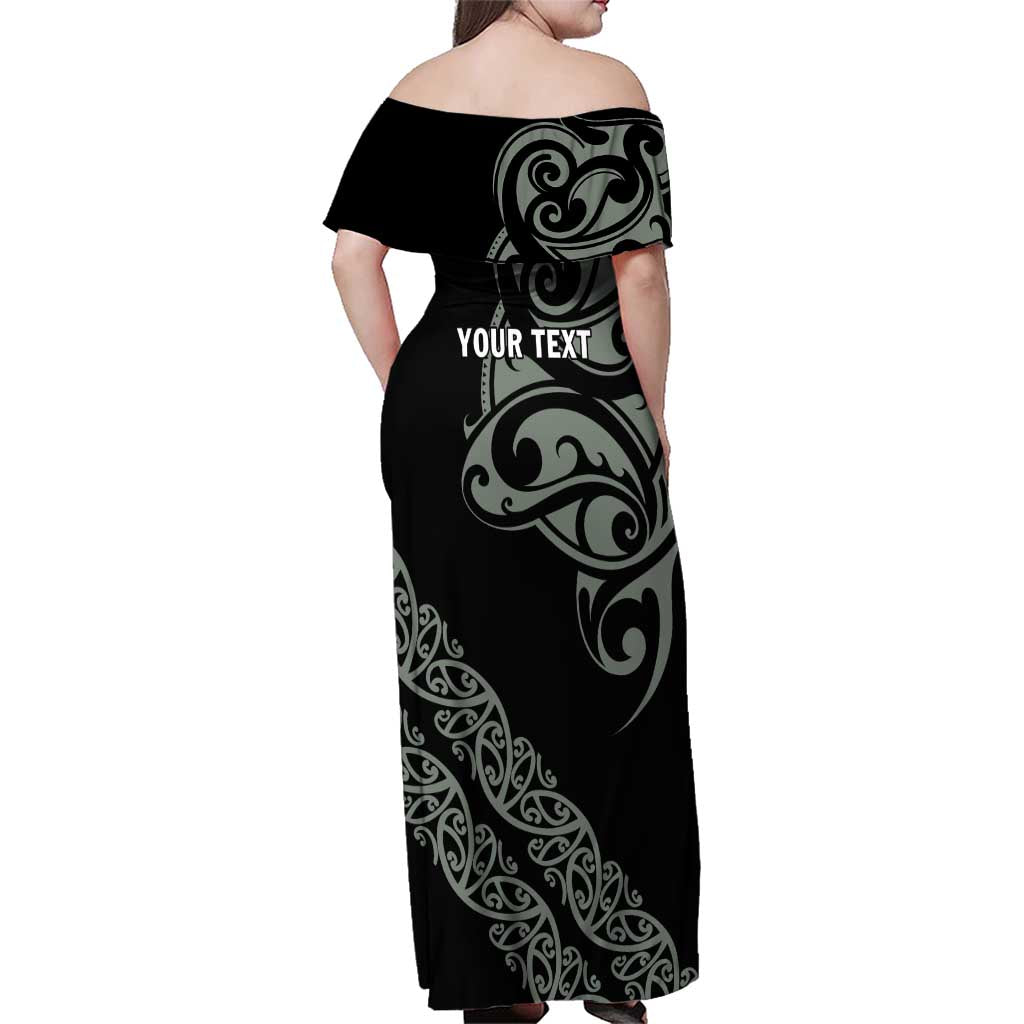 All Black Maori Tribal Tattoo Personalised Family Matching Off Shoulder Maxi Dress and Hawaiian Shirt Moss Green Polynesian Style LT9 - Polynesian Pride