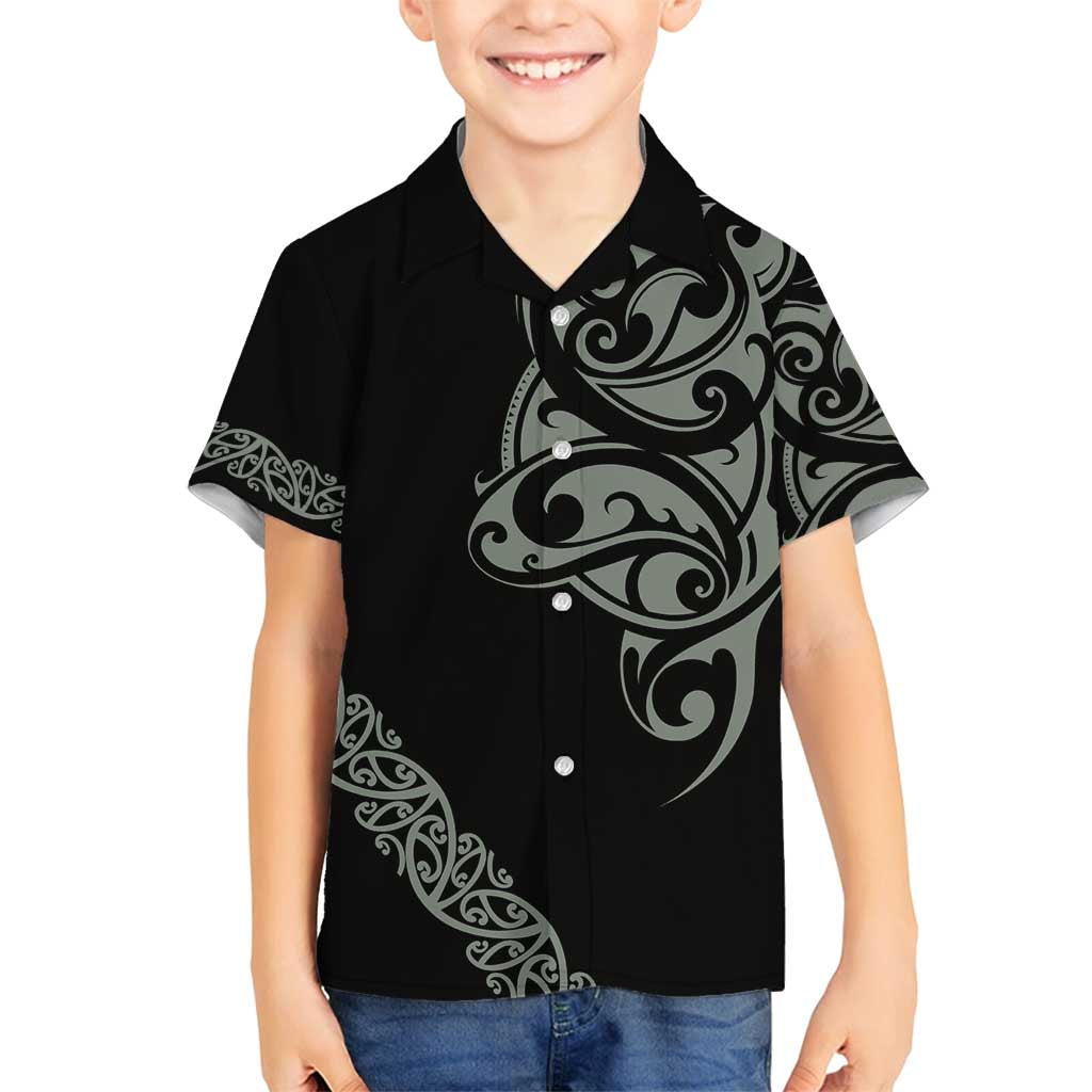 All Black Maori Tribal Tattoo Personalised Family Matching Off Shoulder Maxi Dress and Hawaiian Shirt Moss Green Polynesian Style LT9 Son's Shirt Green - Polynesian Pride
