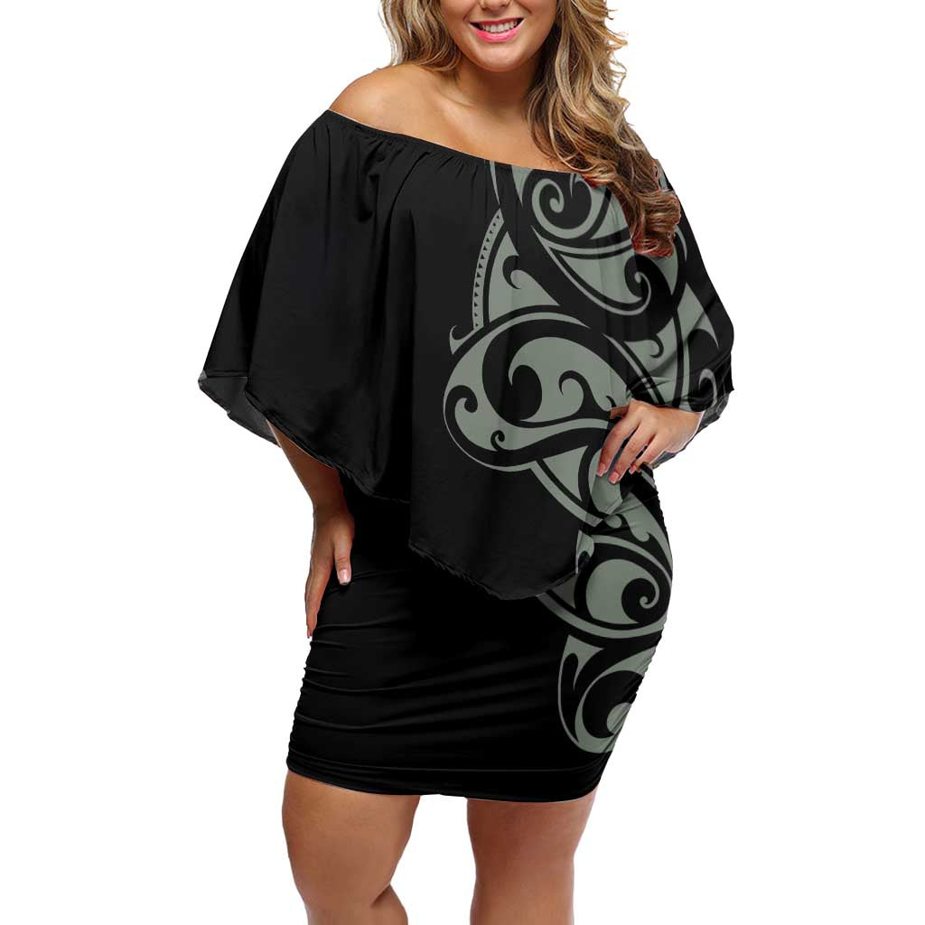 All Black Maori Tribal Tattoo Personalised Family Matching Off Shoulder Short Dress and Hawaiian Shirt Moss Green Polynesian Style LT9 Mom's Dress Green - Polynesian Pride