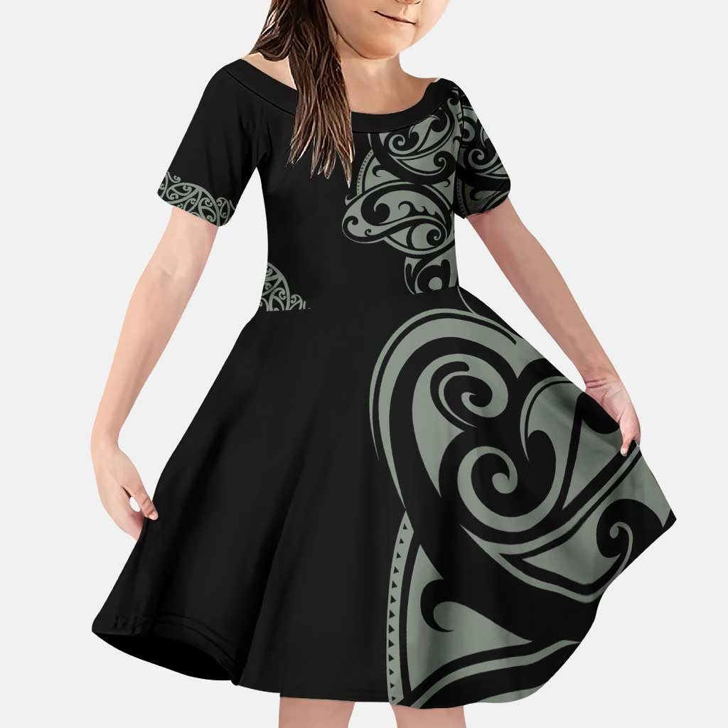 All Black Maori Tribal Tattoo Personalised Family Matching Puletasi and Hawaiian Shirt Moss Green Polynesian Style LT9 Daughter's Dress Green - Polynesian Pride