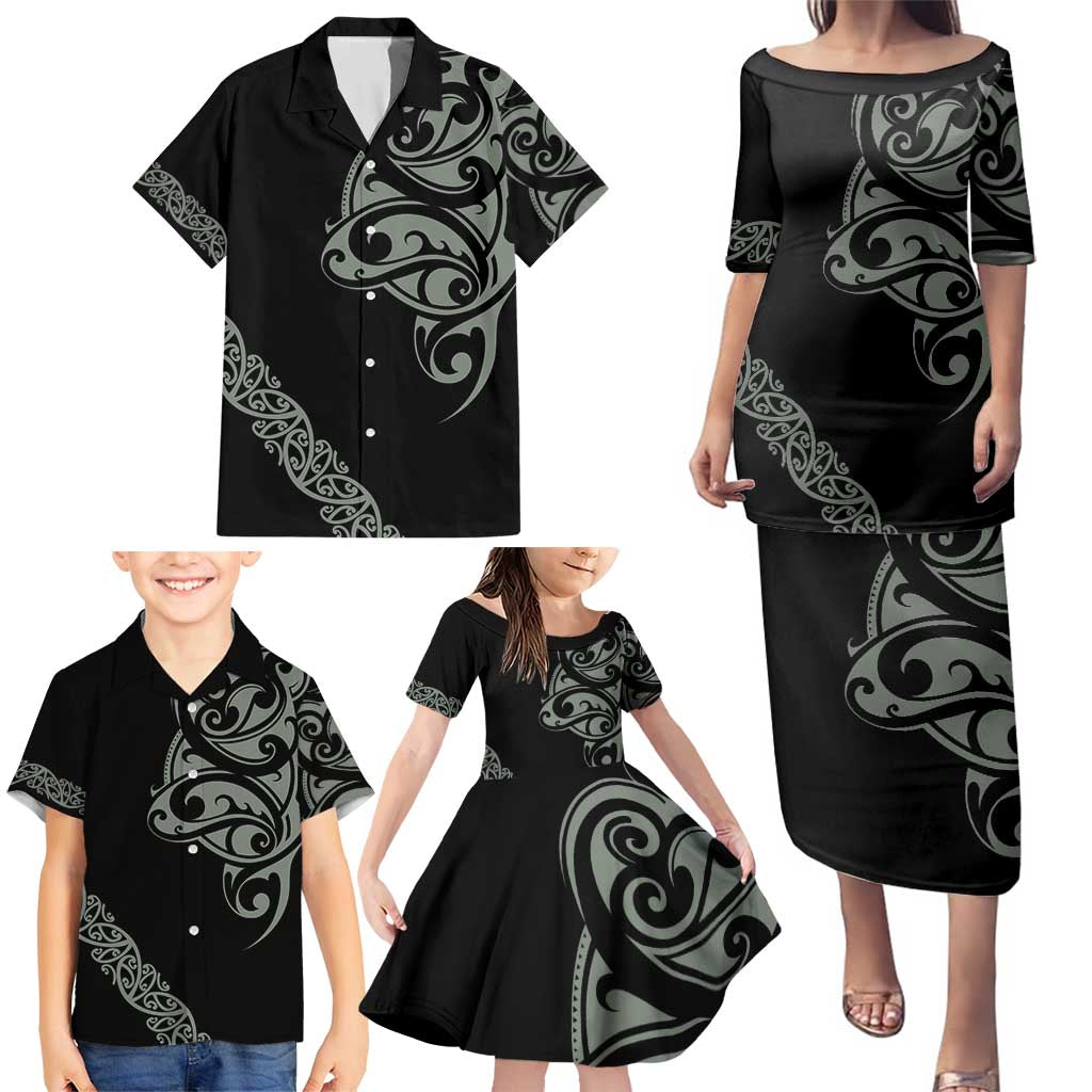 All Black Maori Tribal Tattoo Personalised Family Matching Puletasi and Hawaiian Shirt Moss Green Polynesian Style LT9 - Polynesian Pride