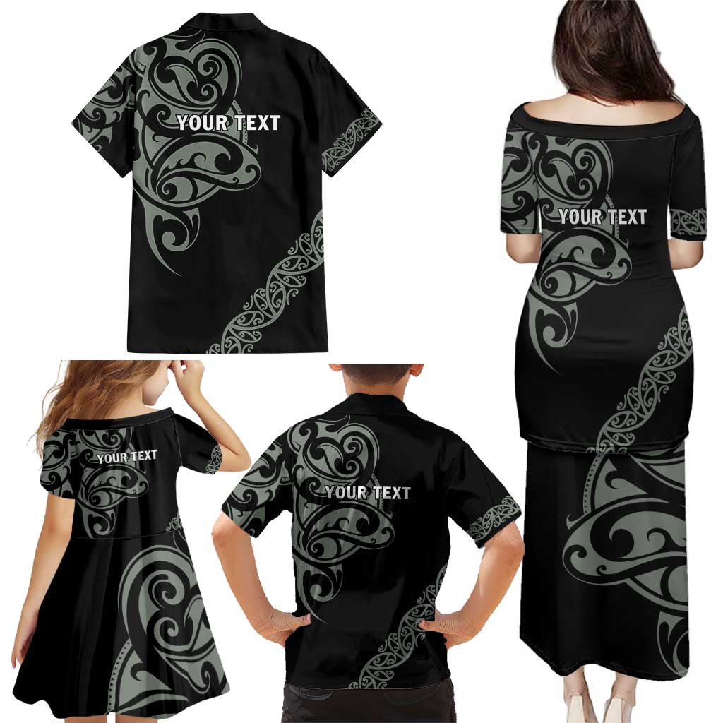 All Black Maori Tribal Tattoo Personalised Family Matching Puletasi and Hawaiian Shirt Moss Green Polynesian Style LT9 - Polynesian Pride