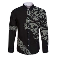 All Black Maori Tribal Tattoo Personalised Family Matching Puletasi and Hawaiian Shirt Moss Green Polynesian Style LT9 Dad's Shirt - Long Sleeve Green - Polynesian Pride