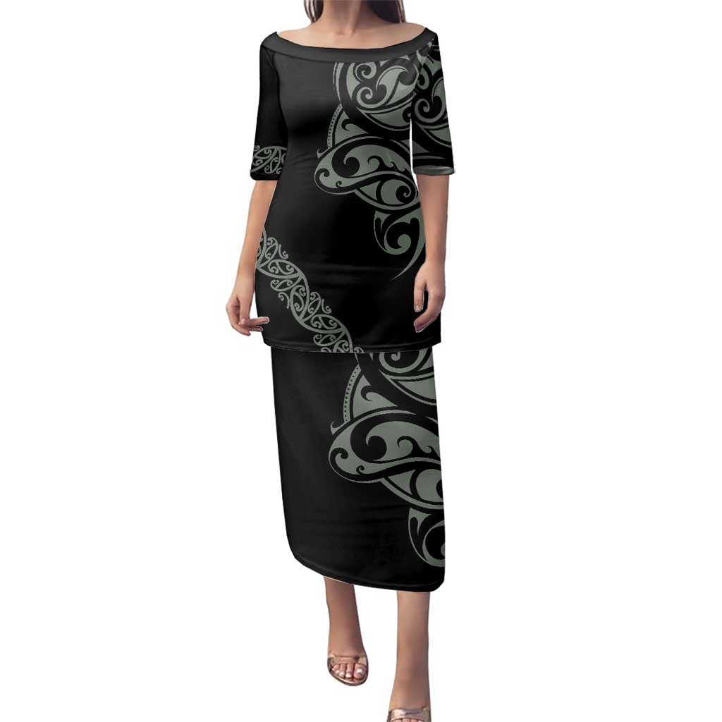 All Black Maori Tribal Tattoo Personalised Family Matching Puletasi and Hawaiian Shirt Moss Green Polynesian Style LT9 Mom's Dress Green - Polynesian Pride