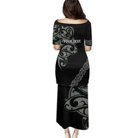 All Black Maori Tribal Tattoo Personalised Family Matching Puletasi and Hawaiian Shirt Moss Green Polynesian Style LT9 - Polynesian Pride