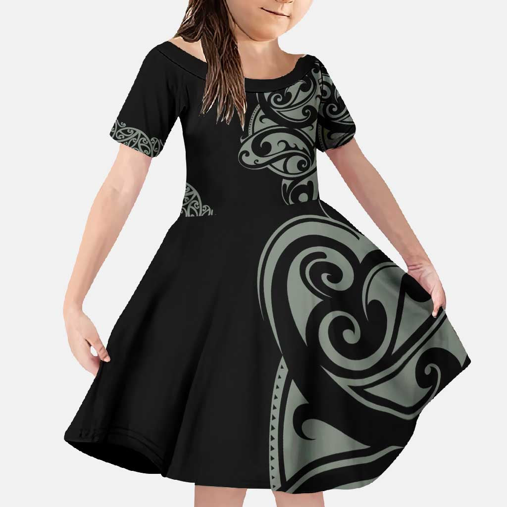 All Black Maori Tribal Tattoo Personalised Family Matching Short Sleeve Bodycon Dress and Hawaiian Shirt Moss Green Polynesian Style LT9 Daughter's Dress Green - Polynesian Pride