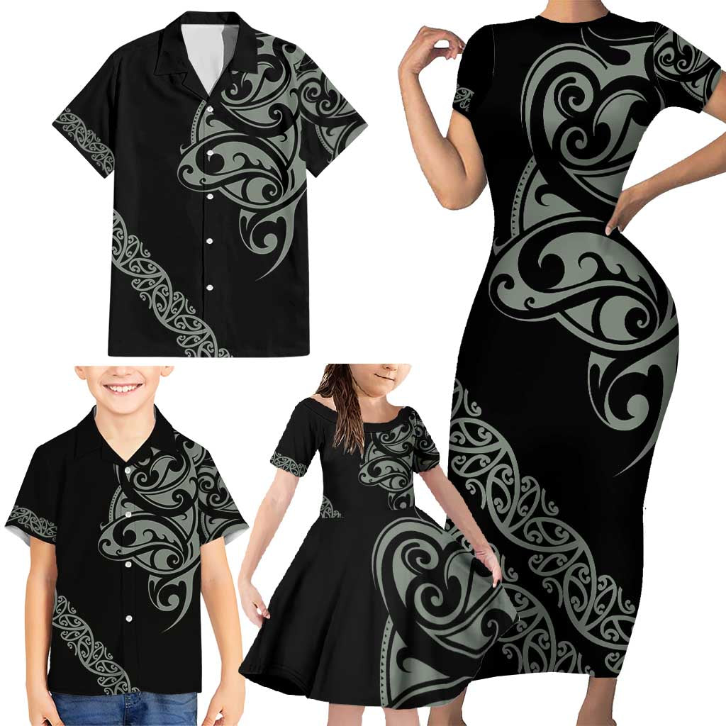 All Black Maori Tribal Tattoo Personalised Family Matching Short Sleeve Bodycon Dress and Hawaiian Shirt Moss Green Polynesian Style LT9 - Polynesian Pride
