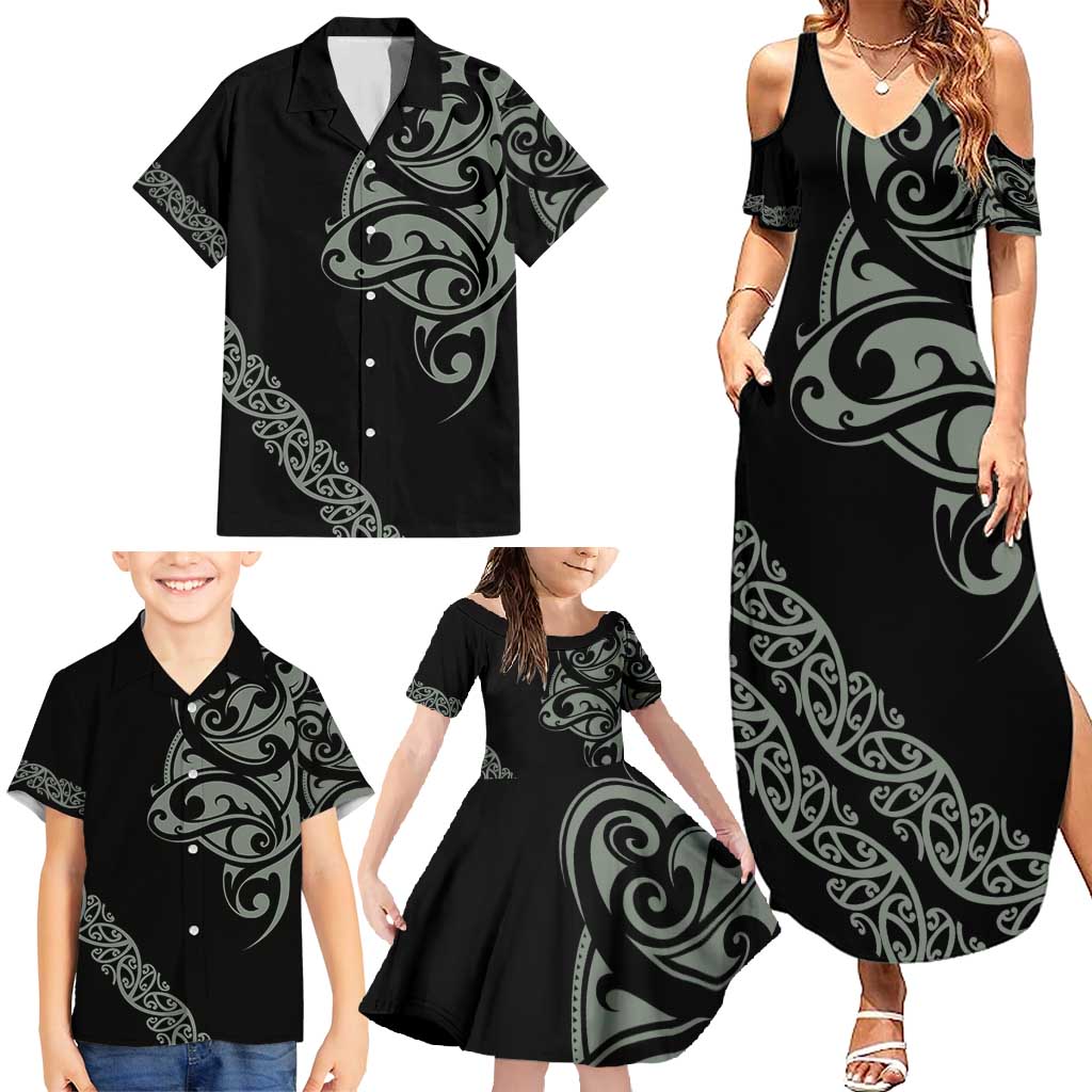 All Black Maori Tribal Tattoo Personalised Family Matching Summer Maxi Dress and Hawaiian Shirt Moss Green Polynesian Style LT9 - Polynesian Pride