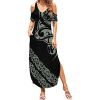 All Black Maori Tribal Tattoo Personalised Family Matching Summer Maxi Dress and Hawaiian Shirt Moss Green Polynesian Style LT9 Mom's Dress Green - Polynesian Pride