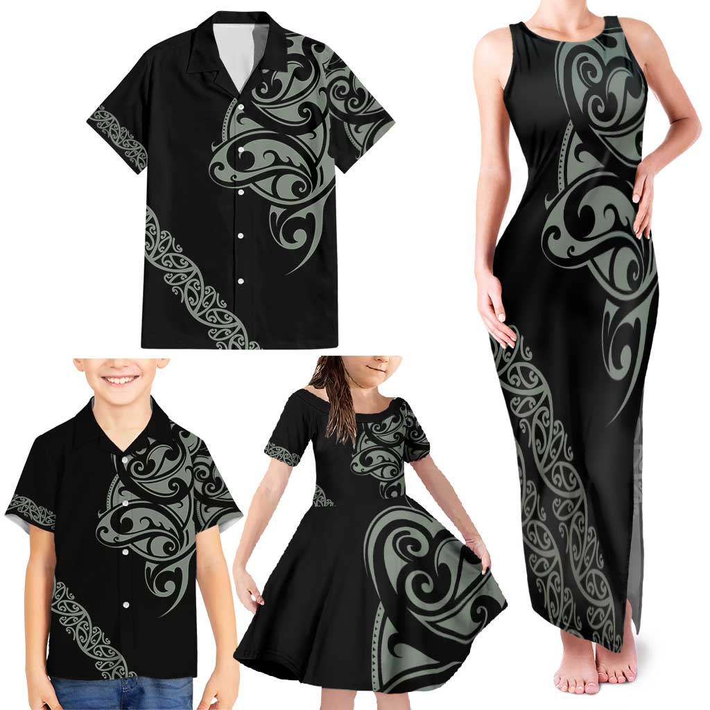All Black Maori Tribal Tattoo Personalised Family Matching Tank Maxi Dress and Hawaiian Shirt Moss Green Polynesian Style LT9 - Polynesian Pride