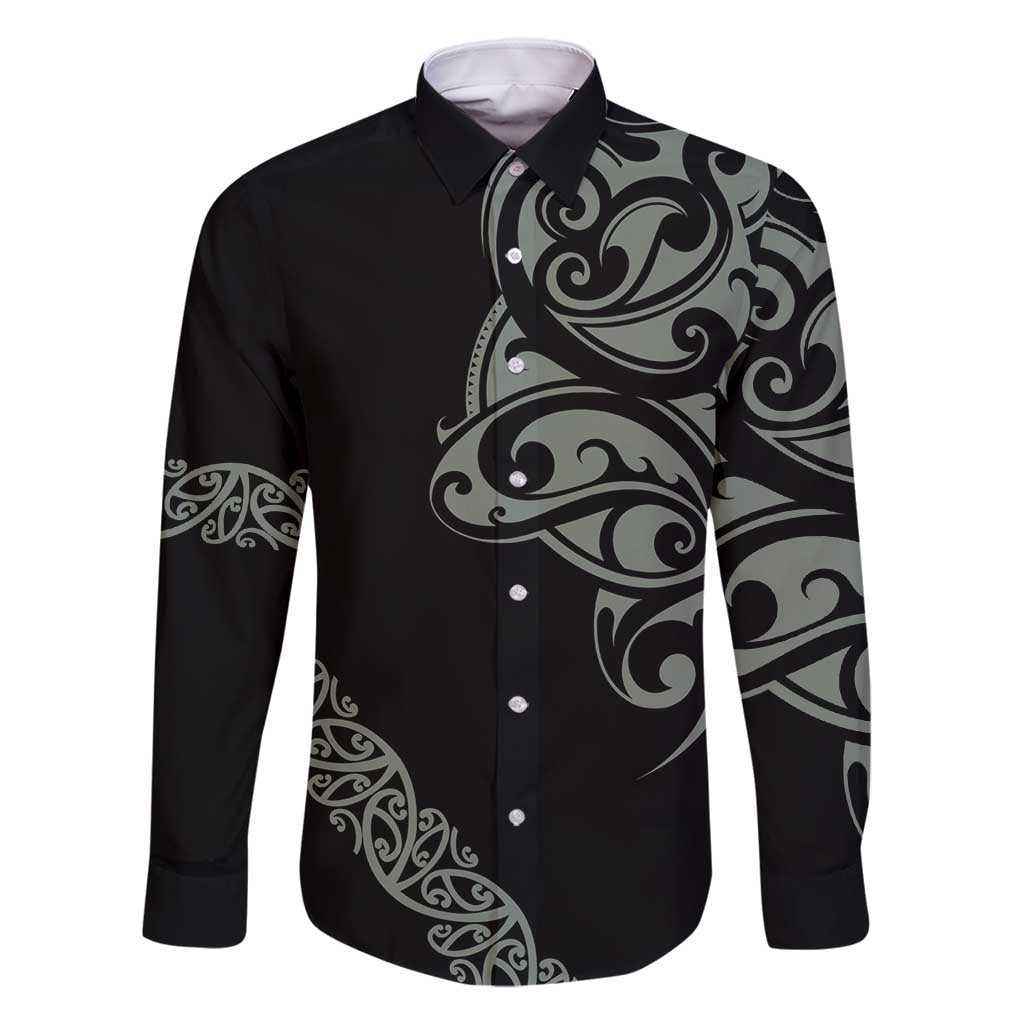 All Black Maori Tribal Tattoo Personalised Family Matching Tank Maxi Dress and Hawaiian Shirt Moss Green Polynesian Style LT9 Dad's Shirt - Long Sleeve Green - Polynesian Pride