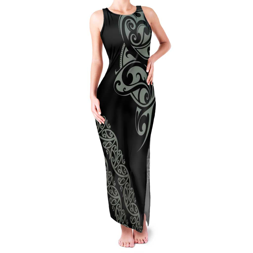 All Black Maori Tribal Tattoo Personalised Family Matching Tank Maxi Dress and Hawaiian Shirt Moss Green Polynesian Style LT9 Mom's Dress Green - Polynesian Pride