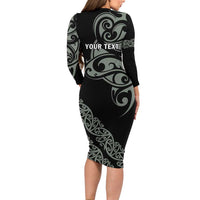 All Black Maori Tribal Tattoo Personalised Long Sleeve Bodycon Dress Moss Green Polynesian Style LT9 - Polynesian Pride
