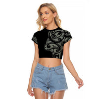 All Black Maori Tribal Tattoo Personalised Raglan Cropped T Shirt Moss Green Polynesian Style - Polynesian Pride