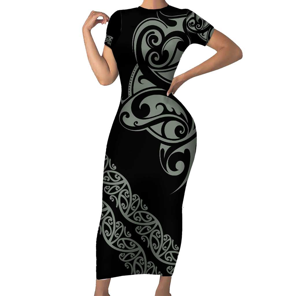 All Black Maori Tribal Tattoo Personalised Short Sleeve Bodycon Dress Moss Green Polynesian Style LT9 Long Dress Green - Polynesian Pride
