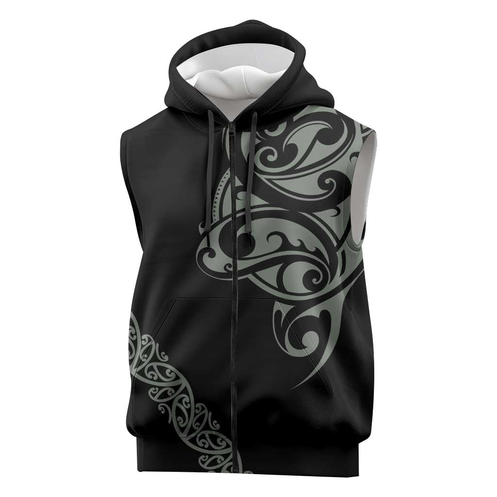 All Black Maori Tribal Tattoo Personalised Sleeveless Zip Hoodie Moss Green Polynesian Style LT9