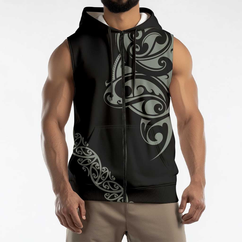 All Black Maori Tribal Tattoo Personalised Sleeveless Zip Hoodie Moss Green Polynesian Style LT9 - Polynesian Pride
