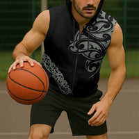 All Black Maori Tribal Tattoo Personalised Sleeveless Zip Hoodie Moss Green Polynesian Style LT9 - Polynesian Pride