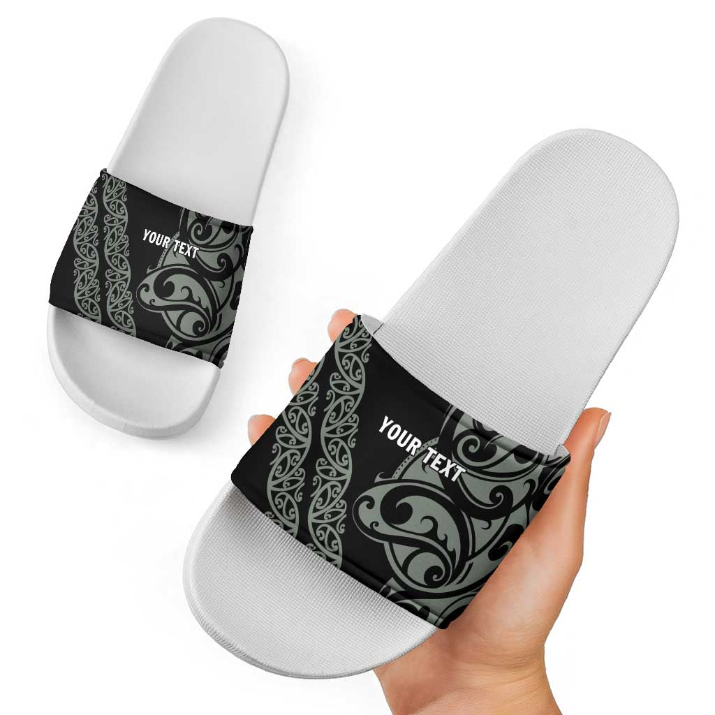 All Black Maori Tribal Tattoo Personalised Slide Sandals Moss Green Polynesian Style - Polynesian Pride
