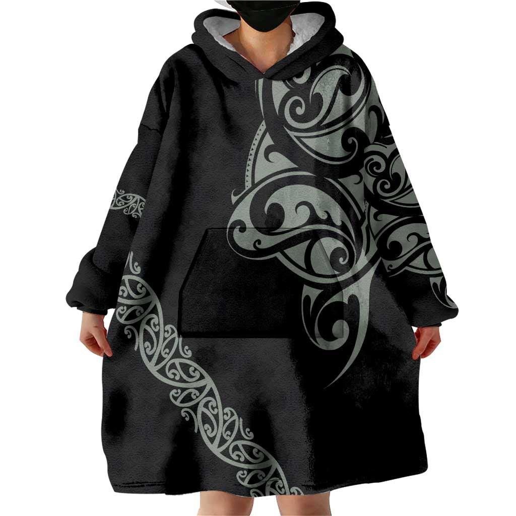 All Black Maori Tribal Tattoo Personalised Wearable Blanket Hoodie Moss Green Polynesian Style LT9 - Polynesian Pride
