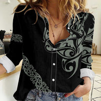 All Black Maori Tribal Tattoo Personalised Women Casual Shirt Moss Green Polynesian Style LT9 Female Green - Polynesian Pride