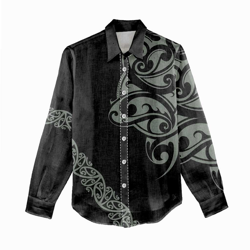 All Black Maori Tribal Tattoo Personalised Women Casual Shirt Moss Green Polynesian Style LT9 - Polynesian Pride