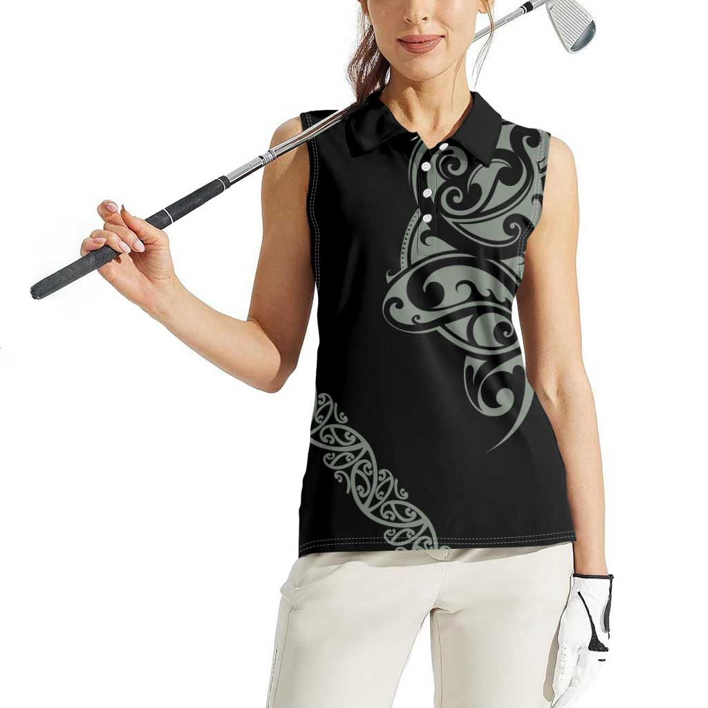 All Black Maori Tribal Tattoo Personalised Women Sleeveless Polo Shirt Moss Green Polynesian Style LT9 - Polynesian Pride