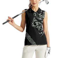 All Black Maori Tribal Tattoo Personalised Women Sleeveless Polo Shirt Moss Green Polynesian Style LT9 - Polynesian Pride
