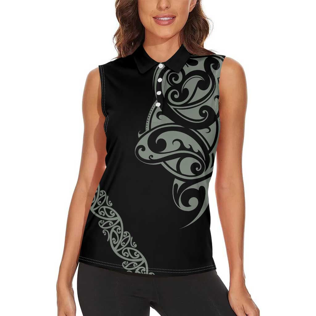 All Black Maori Tribal Tattoo Personalised Women Sleeveless Polo Shirt Moss Green Polynesian Style LT9 - Polynesian Pride