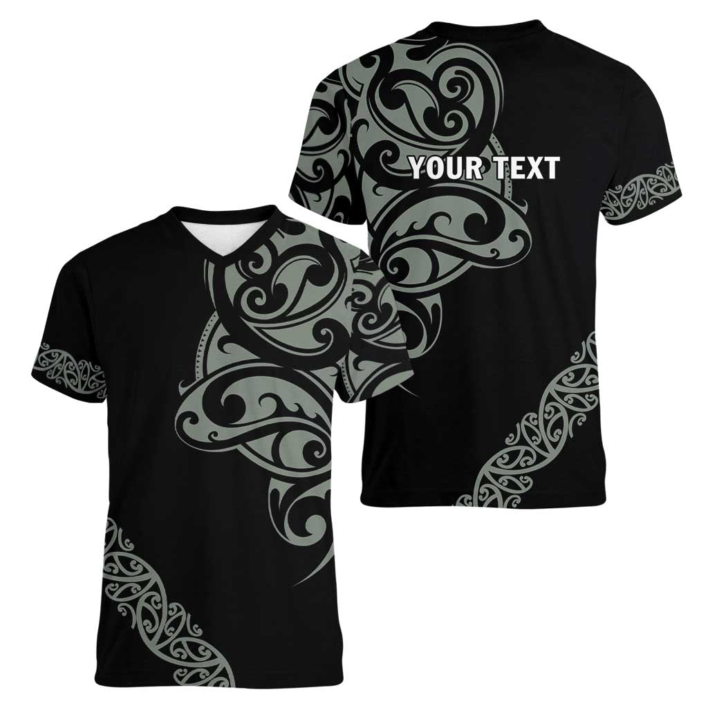 All Black Maori Tribal Tattoo Personalised Women V-Neck T-Shirt Moss Green Polynesian Style LT9 - Polynesian Pride