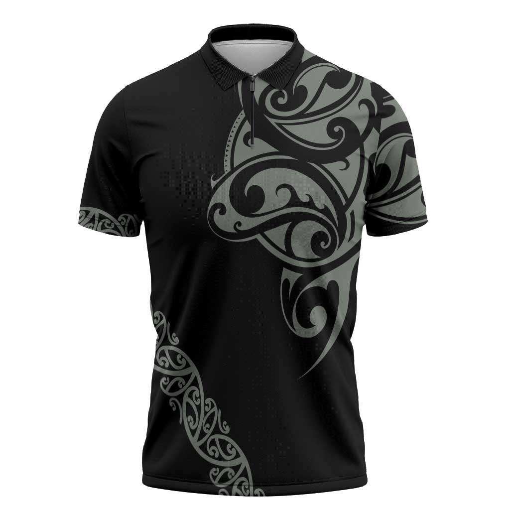 All Black Maori Tribal Tattoo Personalised Zipper Polo Shirt Moss Green Polynesian Style LT9 Green - Polynesian Pride
