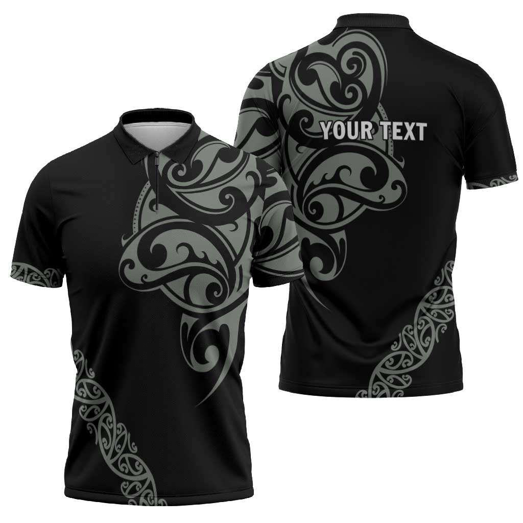All Black Maori Tribal Tattoo Personalised Zipper Polo Shirt Moss Green Polynesian Style LT9 - Polynesian Pride