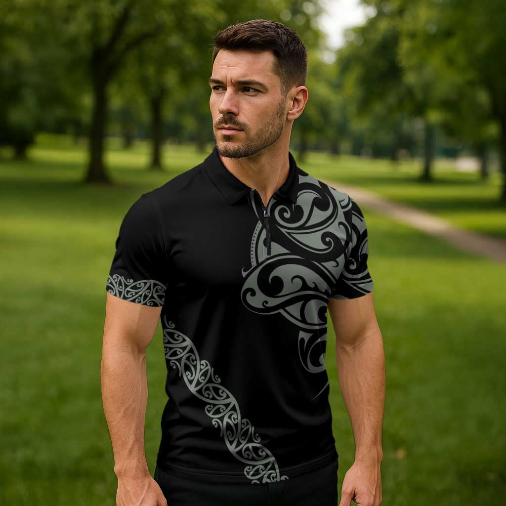 All Black Maori Tribal Tattoo Personalised Zipper Polo Shirt Moss Green Polynesian Style LT9 - Polynesian Pride