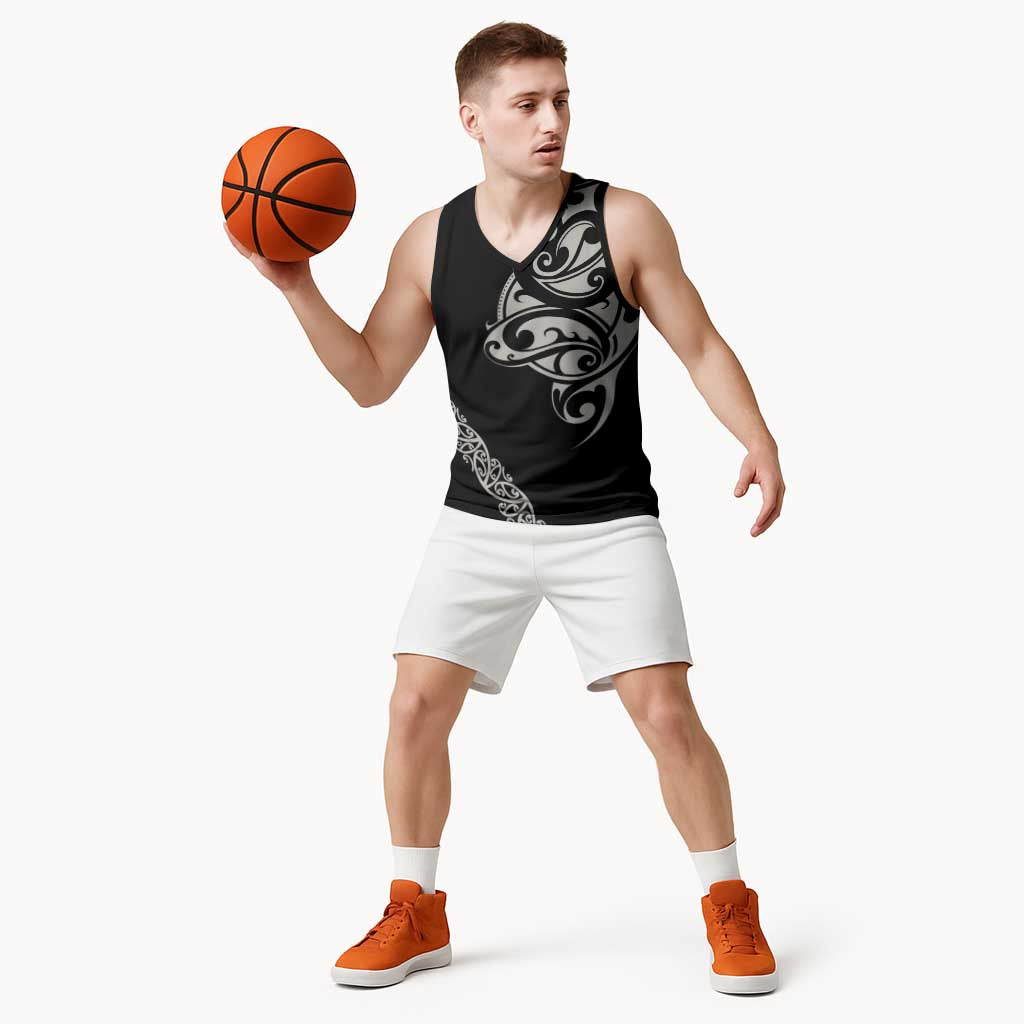 All Black Maori Tribal Tattoo Personalised Basketball Jersey Stone Gray Polynesian Style - Polynesian Pride