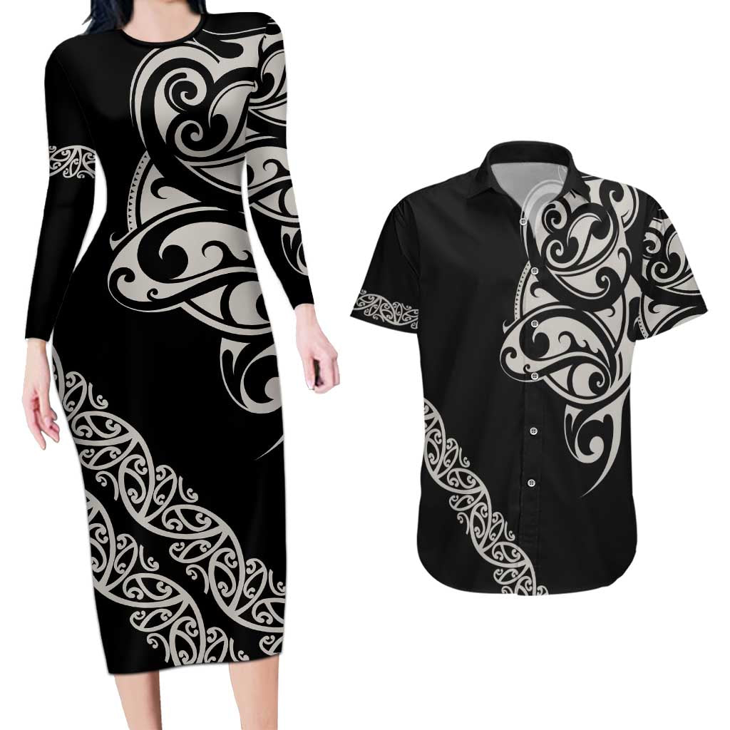 All Black Maori Tribal Tattoo Personalised Couples Matching Long Sleeve Bodycon Dress and Hawaiian Shirt Stone Gray Polynesian Style LT9 Gray - Polynesian Pride