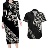 All Black Maori Tribal Tattoo Personalised Couples Matching Long Sleeve Bodycon Dress and Hawaiian Shirt Stone Gray Polynesian Style LT9 Gray - Polynesian Pride