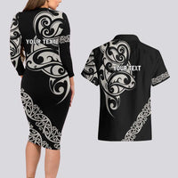 All Black Maori Tribal Tattoo Personalised Couples Matching Long Sleeve Bodycon Dress and Hawaiian Shirt Stone Gray Polynesian Style LT9 - Polynesian Pride