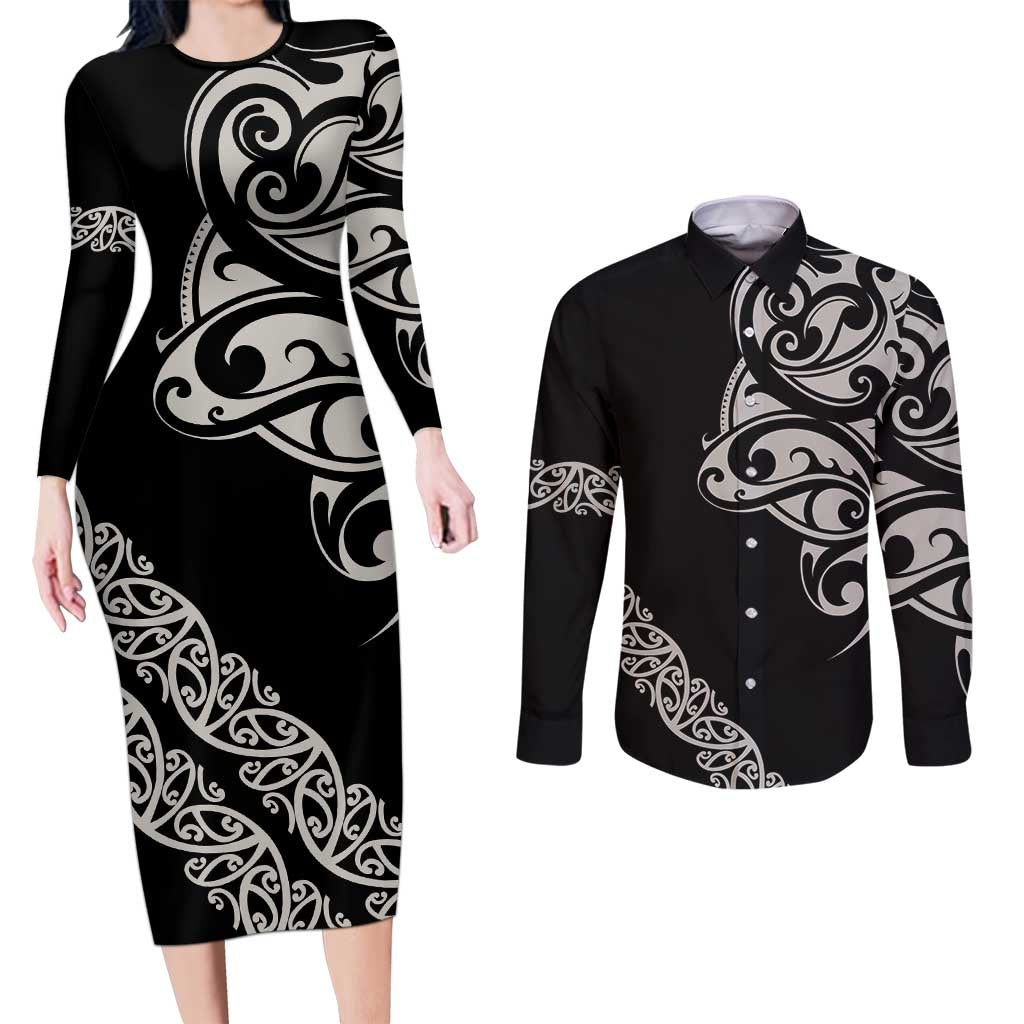 All Black Maori Tribal Tattoo Personalised Couples Matching Long Sleeve Bodycon Dress and Long Sleeve Button Shirt Stone Gray Polynesian Style LT9 Gray - Polynesian Pride