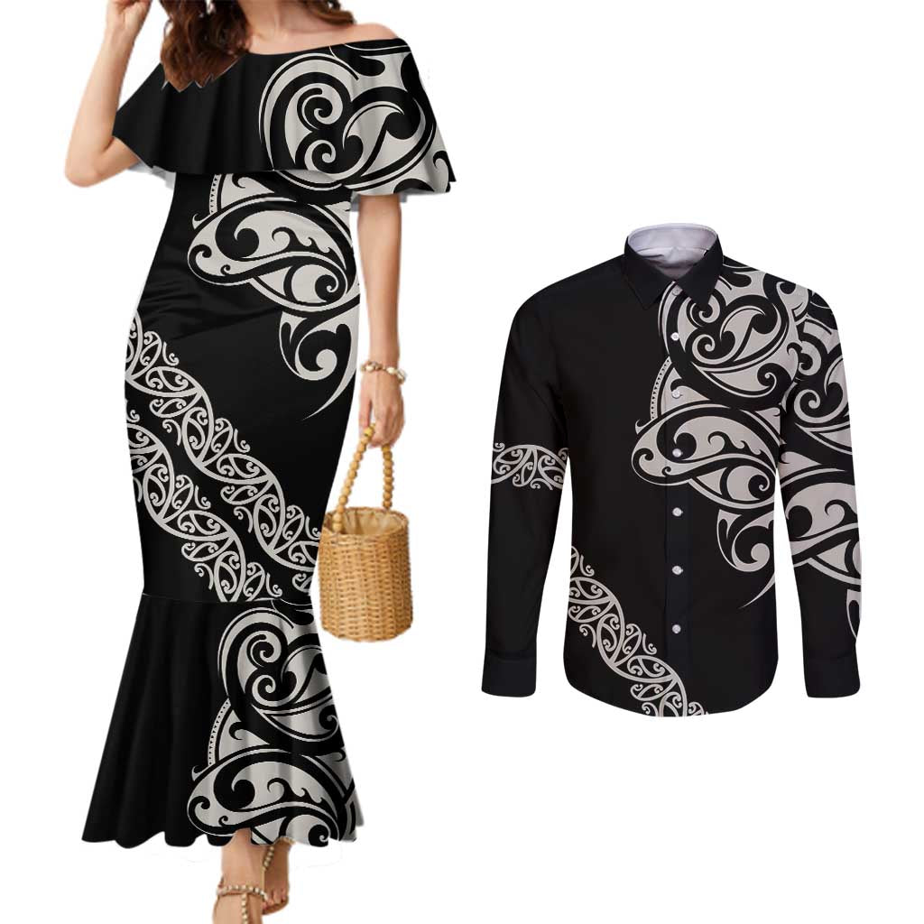 All Black Maori Tribal Tattoo Personalised Couples Matching Mermaid Dress and Long Sleeve Button Shirt Stone Gray Polynesian Style LT9 Gray - Polynesian Pride