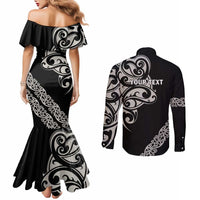 All Black Maori Tribal Tattoo Personalised Couples Matching Mermaid Dress and Long Sleeve Button Shirt Stone Gray Polynesian Style LT9 - Polynesian Pride