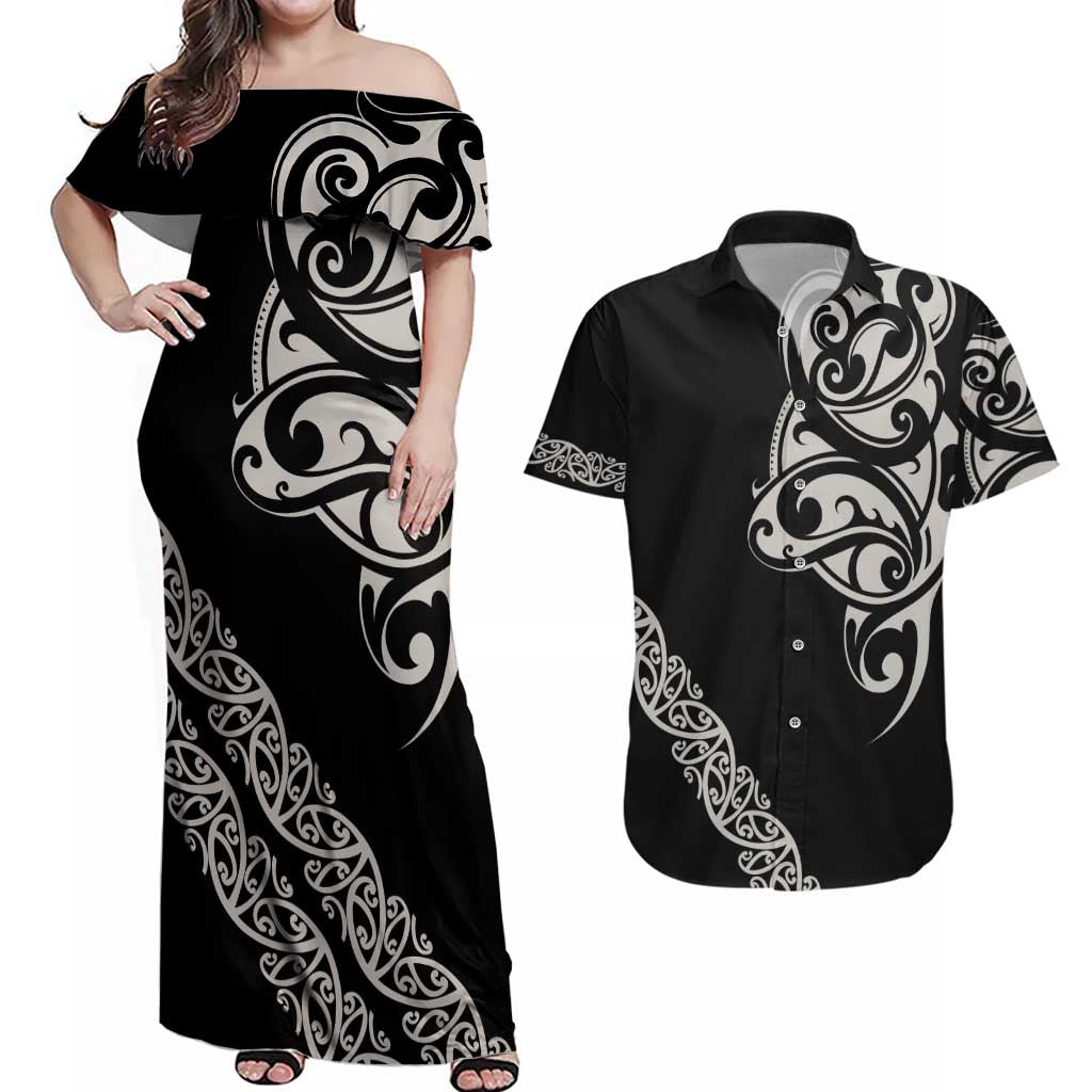 All Black Maori Tribal Tattoo Personalised Couples Matching Off Shoulder Maxi Dress and Hawaiian Shirt Stone Gray Polynesian Style LT9 Gray - Polynesian Pride