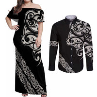 All Black Maori Tribal Tattoo Personalised Couples Matching Off Shoulder Maxi Dress and Long Sleeve Button Shirt Stone Gray Polynesian Style LT9 Gray - Polynesian Pride