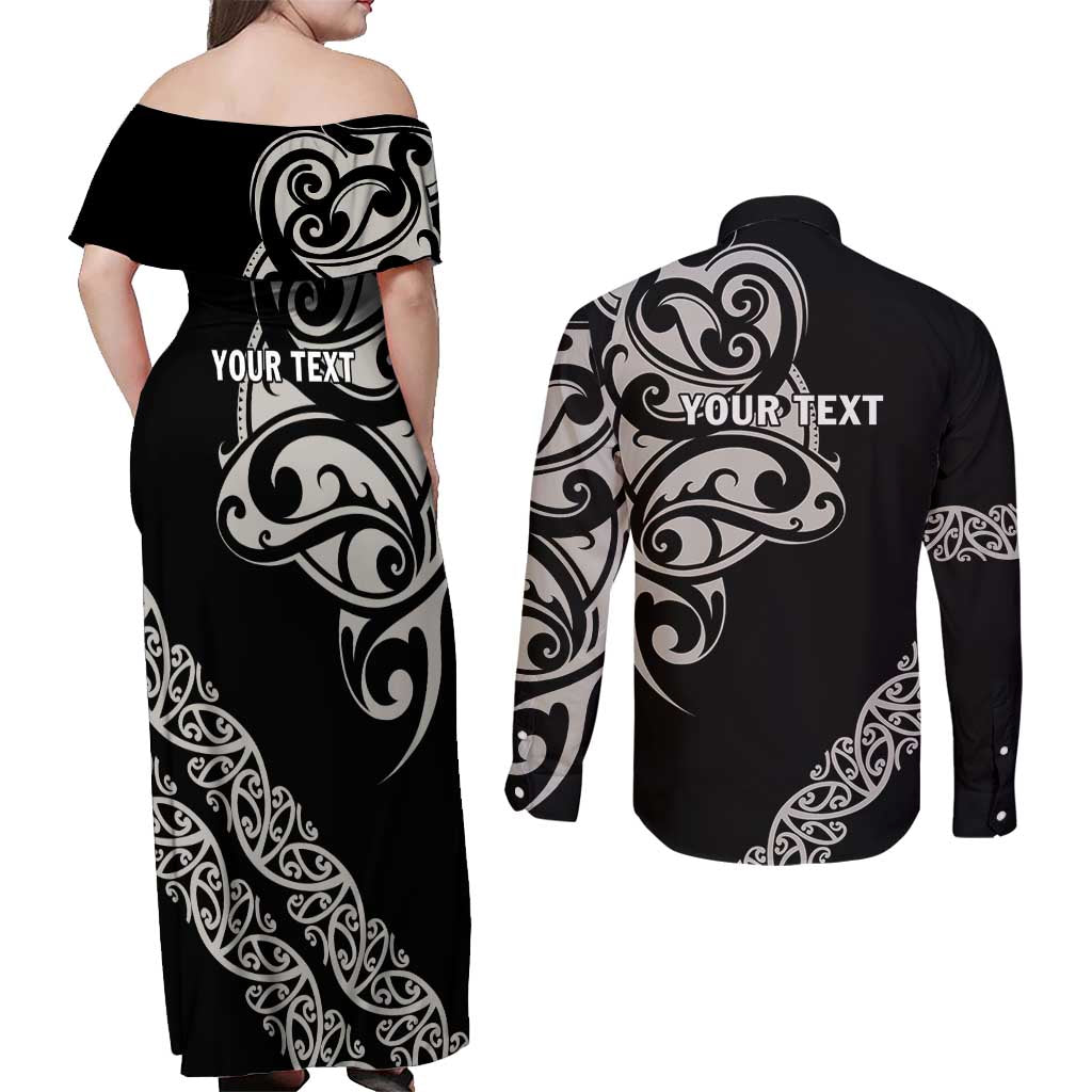 All Black Maori Tribal Tattoo Personalised Couples Matching Off Shoulder Maxi Dress and Long Sleeve Button Shirt Stone Gray Polynesian Style LT9 - Polynesian Pride