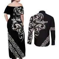 All Black Maori Tribal Tattoo Personalised Couples Matching Off Shoulder Maxi Dress and Long Sleeve Button Shirt Stone Gray Polynesian Style LT9 - Polynesian Pride