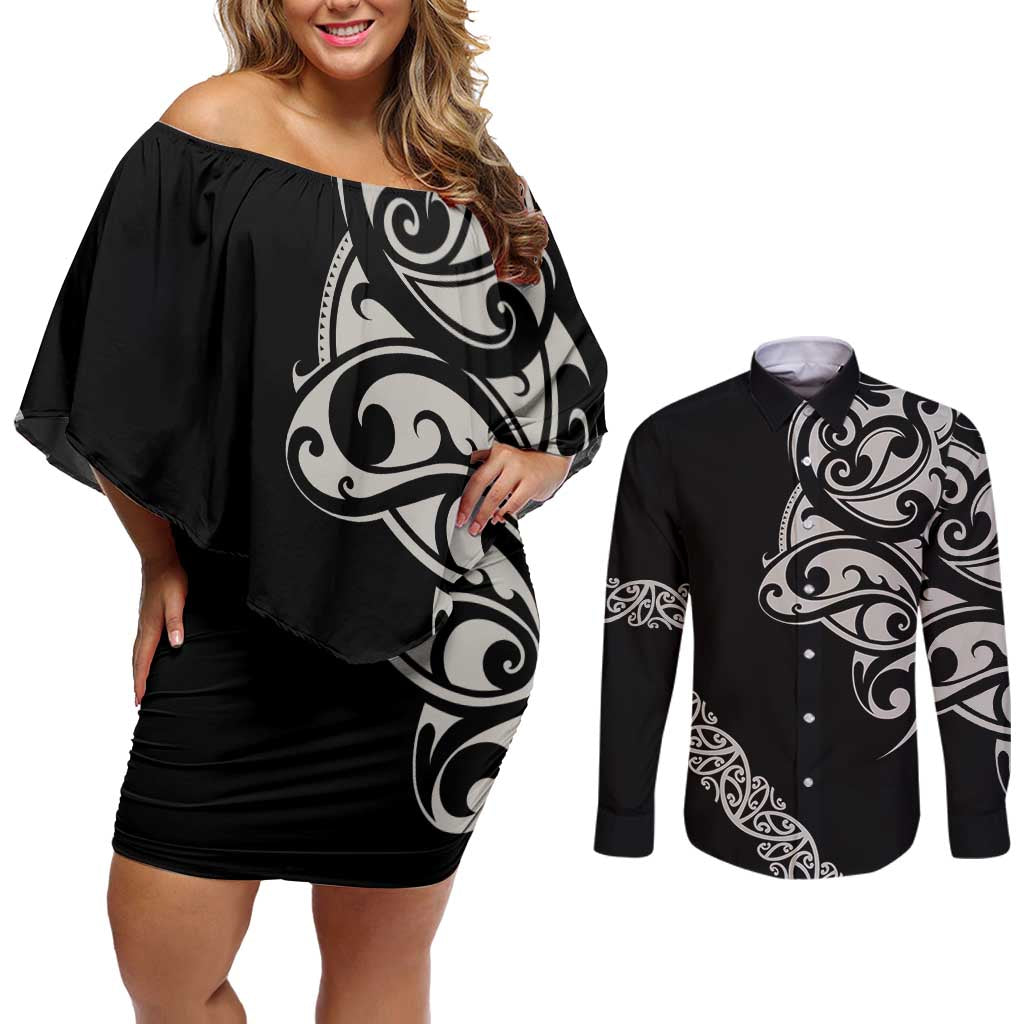 All Black Maori Tribal Tattoo Personalised Couples Matching Off Shoulder Short Dress and Long Sleeve Button Shirt Stone Gray Polynesian Style LT9 Gray - Polynesian Pride