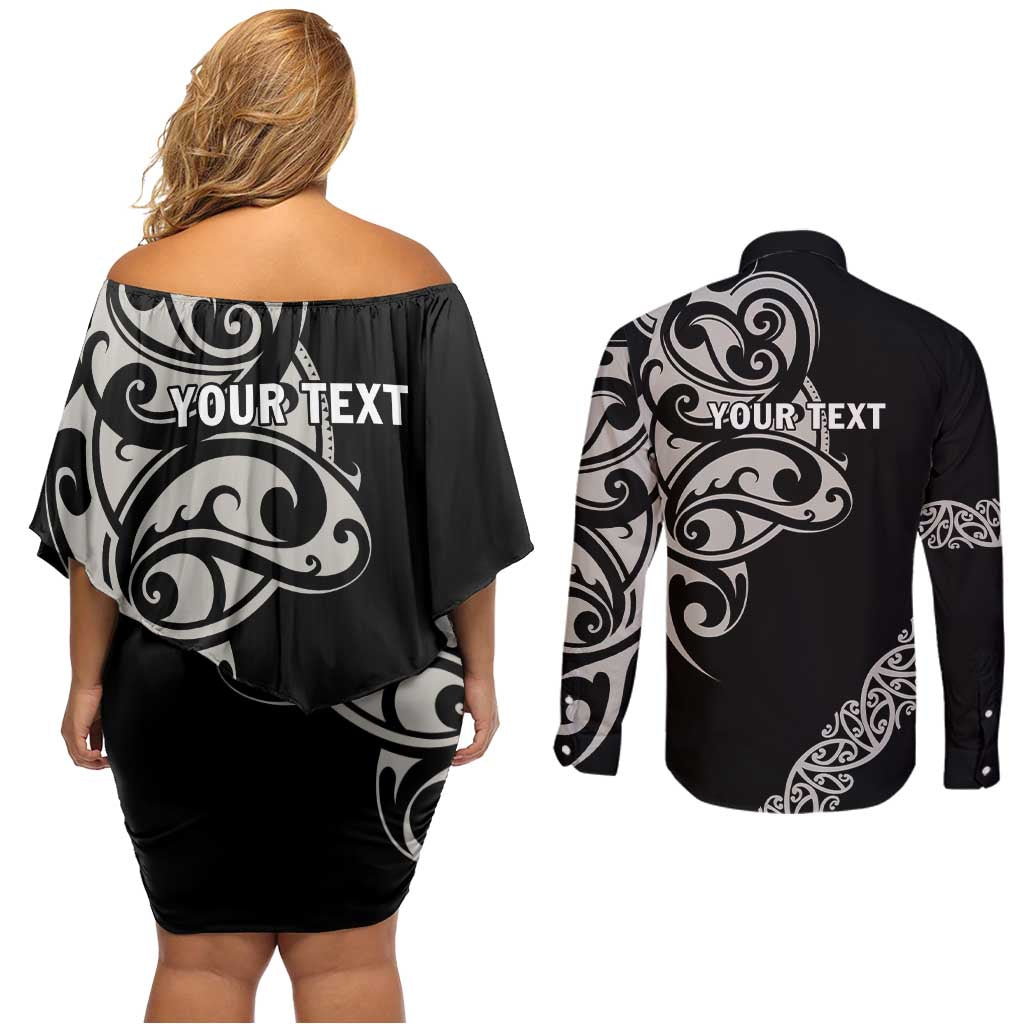 All Black Maori Tribal Tattoo Personalised Couples Matching Off Shoulder Short Dress and Long Sleeve Button Shirt Stone Gray Polynesian Style LT9 - Polynesian Pride