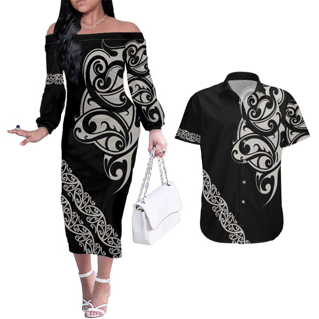 All Black Maori Tribal Tattoo Personalised Couples Matching Off The Shoulder Long Sleeve Dress and Hawaiian Shirt Stone Gray Polynesian Style LT9 Gray - Polynesian Pride