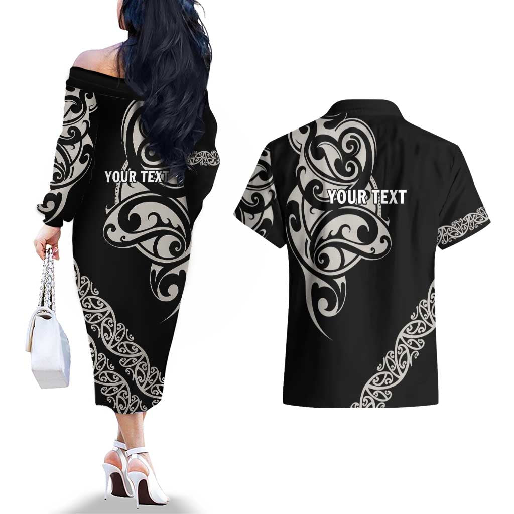 All Black Maori Tribal Tattoo Personalised Couples Matching Off The Shoulder Long Sleeve Dress and Hawaiian Shirt Stone Gray Polynesian Style LT9 - Polynesian Pride