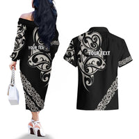 All Black Maori Tribal Tattoo Personalised Couples Matching Off The Shoulder Long Sleeve Dress and Hawaiian Shirt Stone Gray Polynesian Style LT9 - Polynesian Pride