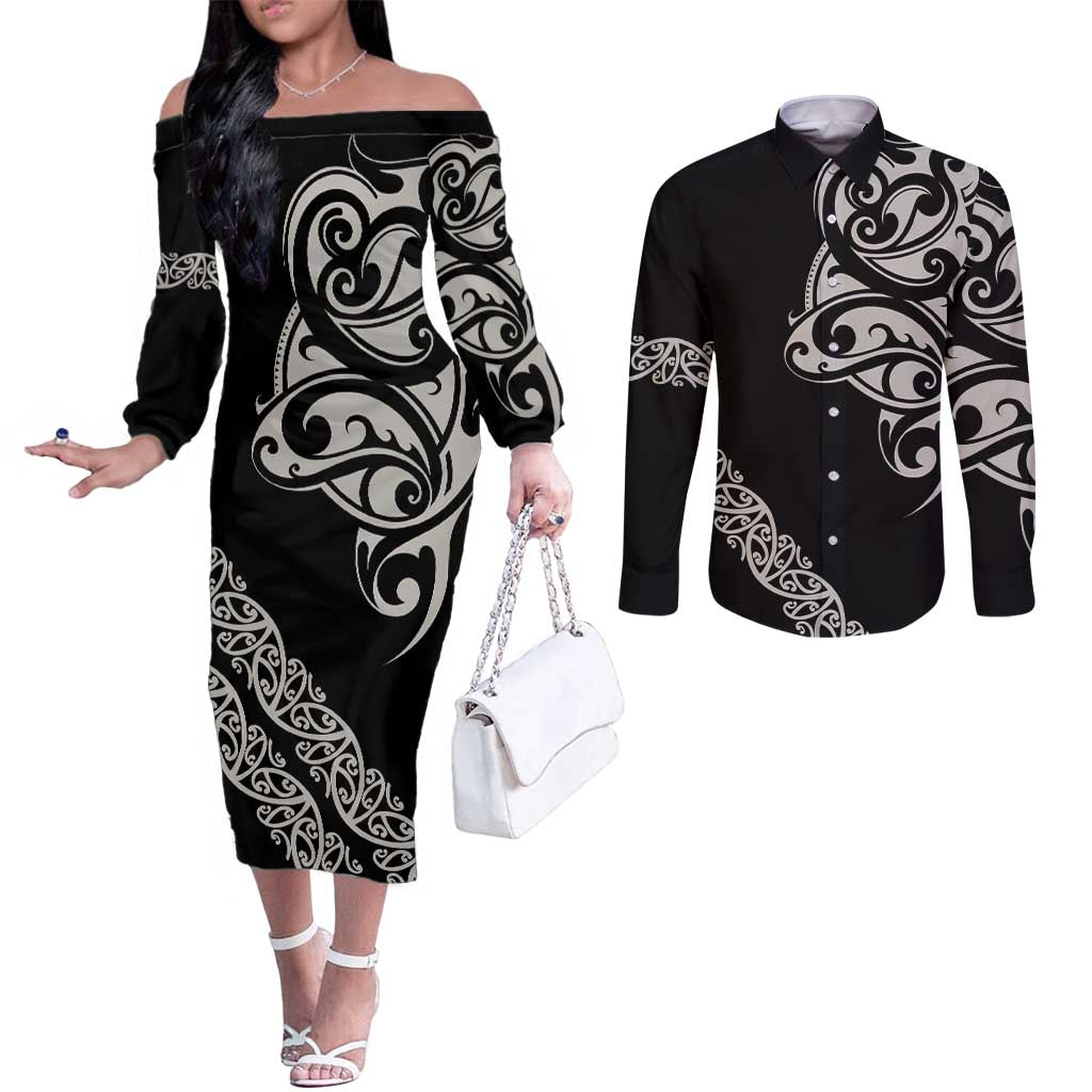 All Black Maori Tribal Tattoo Personalised Couples Matching Off The Shoulder Long Sleeve Dress and Long Sleeve Button Shirt Stone Gray Polynesian Style LT9 Gray - Polynesian Pride